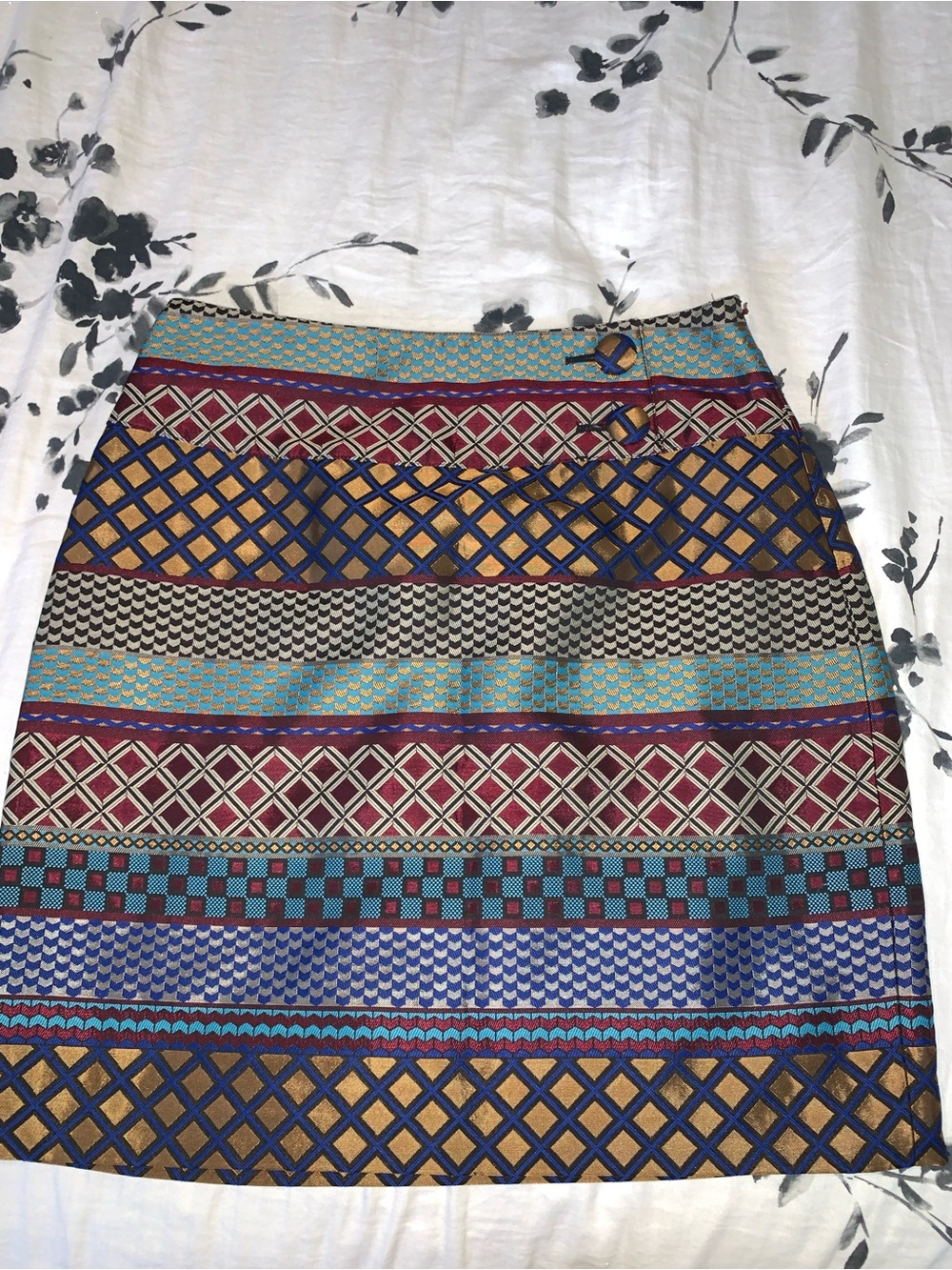 Maeve Patterned A-Line Skirt in Blue, Gold, Red, Teal, Cream